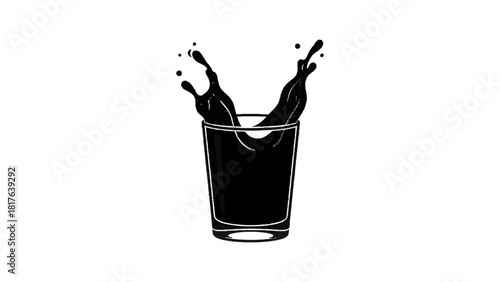 Vector illustration of black and white graphic illustration of liquid splashing out of a glass isolated on transparent background 