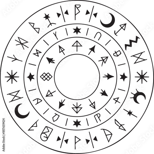 A striking black silhouette magic circle featuring intricate runic engravings and geometric celestial symbols