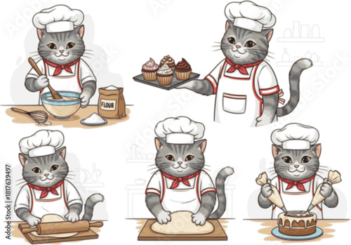 Hand-drawn cartoon cats dressed as chefs cooking and baking in kitchens, showcasing aprons, trays, cupcakes, spoons, and bowls, ideal for bakery logos, recipe books