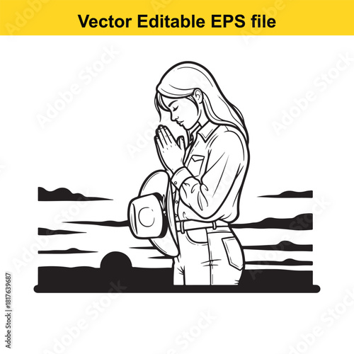 Young woman praying with hands clasped together in front of her chest, wearing a collared shirt and jeans, with a hat held in her arm, isolated on