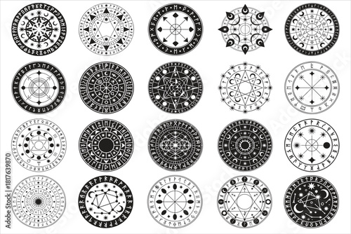 A striking black silhouette magic circle featuring intricate runic engravings and geometric celestial symbols