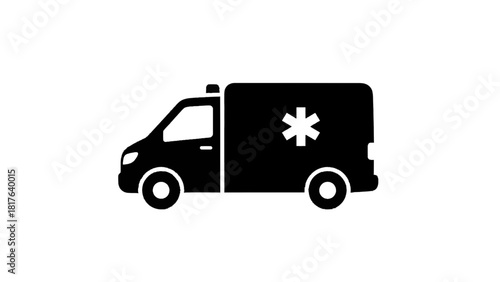 Vector illustration of simple black silhouette icon of an ambulance vehicle with a star of life symbol, isolated on transparent background 