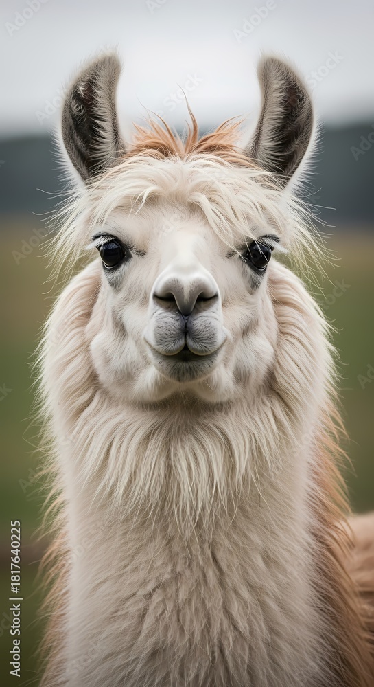 Obraz premium Close-up portrait of a fluffy white llama with a calm expression looking directly at the camera in an outdoor setting.