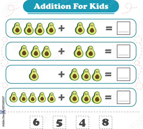 Game for children fun addition by counting fruits pictures printable worksheet vector