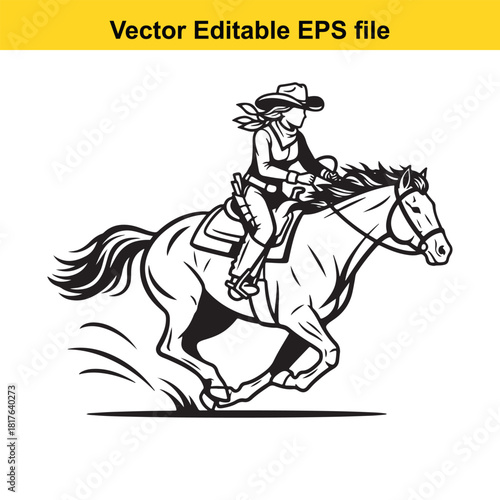 Cowgirl riding a horse in a dynamic pose, captured in a black and white illustration, perfect for western themes and equestrian art