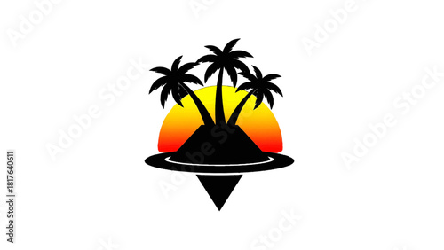 Vector illustration of silhouette of a tropical island with three palm trees and a sunset, isolated on transparent background 