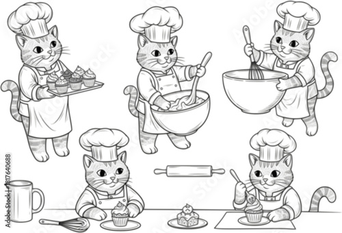 Hand-drawn cartoon cats dressed as chefs cooking and baking in kitchens, showcasing aprons, trays, cupcakes, spoons, and bowls, ideal for bakery logos, recipe books
