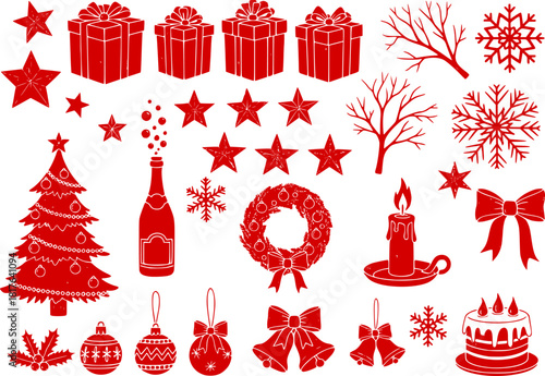 A comprehensive collection of outline and solid fill Christmas icons featuring Santa Claus's head and a chimney with gifts a sleigh laden with presents festive winter boots and a sack of parcels