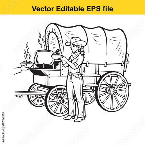 Cowgirl serving food from a chuck wagon during a western expansion, vector illustration