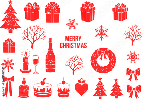 A comprehensive collection of outline and solid fill Christmas icons featuring Santa Claus's head and a chimney with gifts a sleigh laden with presents festive winter boots and a sack of parcels