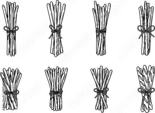 Bread Sticks Tied Together Simple Line Art Vector Set
