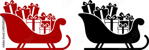 Santa's sleigh loaded with presents icon, a simple black vector silhouette of a traditional Christmas sled carrying wrapped gift boxes with bows
