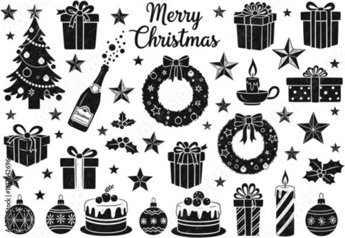 A comprehensive collection of outline and solid fill Christmas icons featuring Santa Claus's head and a chimney with gifts a sleigh laden with presents festive winter boots and a sack of parcels