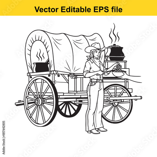 Vintage illustration of a woman in cowboy attire serving food from a covered wagon, isolated on