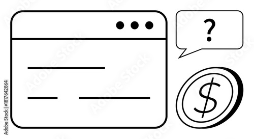 Browser interface with text lines, a dollar coin, and a question mark speech bubble for online payment, financial help, or e-commerce themes. Ideal for finance, inquiry, assistance, digital