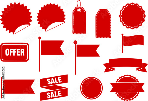 Red promo starburst sticker, tag and price labels set with crayon texture. Flags and stamps perfect for text callouts, template stickers. Adhesive offer stamps, sale banners and ribbons, coupon design
