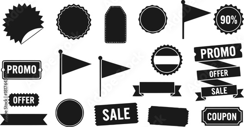 Promo starburst sticker, tag and price labels set with crayon texture. Flags and stamps perfect for text callouts, template stickers. Adhesive offer stamps, sale banners and ribbons, coupon design