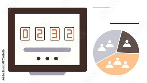 Digital counter on a screen paired with a human-representative pie chart. Ideal for analytics, statistics, teamwork, data visualization, business planning, performance tracking, simple flat metaphor