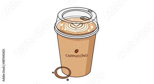 Hand Drawn Illustration of a Delicious Cappuccino To Go Cup with Latte Art