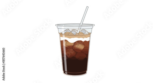 Refreshing Iced Coffee Drink with Cream and Ice in Clear Plastic Cup