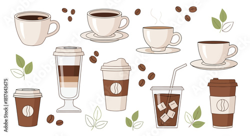 Collection of Coffee and Tea Drinks in Various Cups and To Go Containers