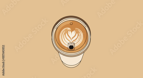 Overhead View of a Coffee Cup with Latte Art Heart Design