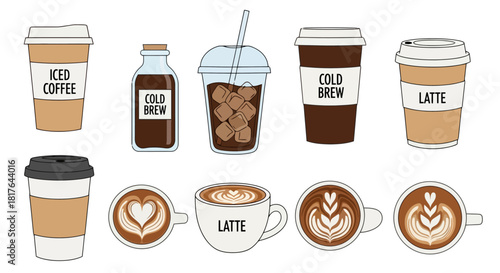 Assorted Coffee Drinks Variety Pack Hot Cold Brew and Latte Illustrations