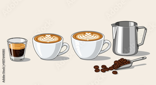 Artistic Coffee Beverage Collection Espresso Latte Art and Fresh Beans