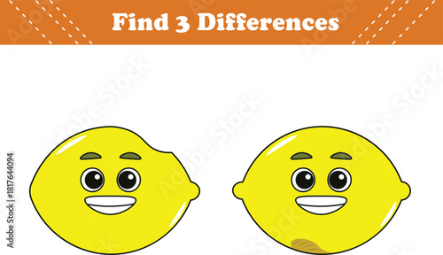 Education game for children find three differences between two fruits cartoon. Vector illustration