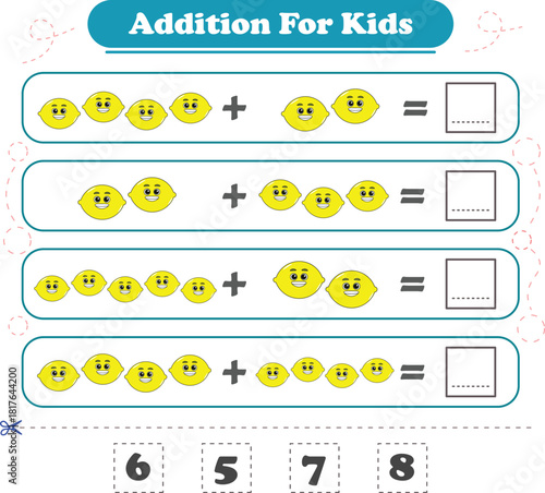 Game for children fun addition by counting fruits pictures printable worksheet vector