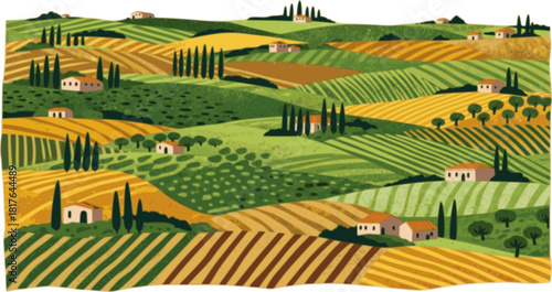 Tuscany Field Collage Pattern with Agriculture Texture and Green Italian Landscape for Abstract Farm Background.
