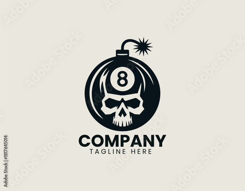 Bold black 8-ball and stylized skull face contained within a round bomb with a sparking fuse.
