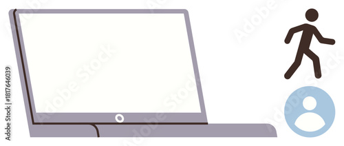 Laptop alongside user and walking icons communicates digital connectivity, user involvement, and activity monitoring. Ideal for technology, interaction, productivity, connectivity, mobility, virtual