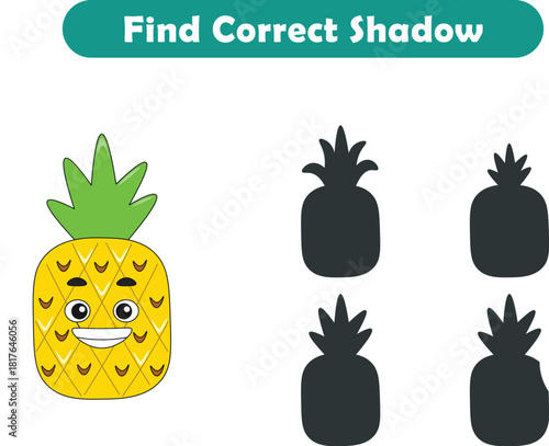 Funny cartoon fruits. find the correct shadow. Kids Education games. Cartoon vector illustration