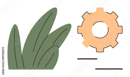 Leaves and a segmented gear in balanced composition. Ideal for sustainability, technology, innovation, ecology, environmental solutions, growth, renewable energy. Minimalist flat metaphor