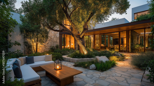 Luxury Outdoor Retreat: A beautifully designed outdoor living area, featuring a modern home with elegant lighting, lush landscaping, and inviting seating arrangements for ultimate relaxation. 