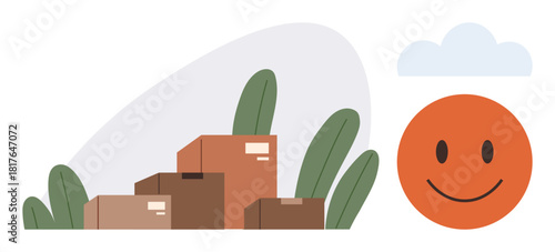 Boxes stacked among green leaves with orange smiling face under cloud. Ideal for sustainability, packaging, eco-conscious shipping, positive impact, delivery services, supply chain, minimalism