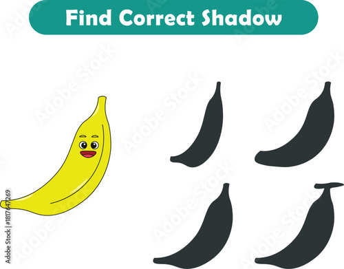 Funny cartoon fruits. find the correct shadow. Kids Education games. Cartoon vector illustration