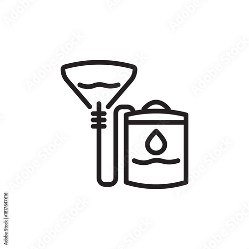 Black outline icon of a Funnel and Container (or Tank) representing the process of fluid transfer, oil change, refueling, or liquid filtration. Perfect for automotive, chemical, and engineering design