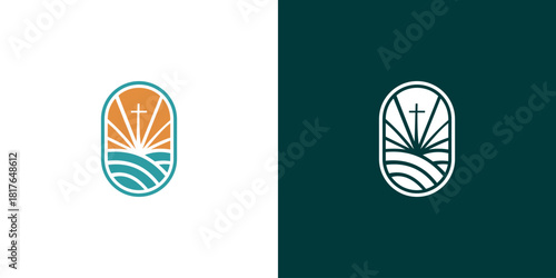 Spiritual emblem of a Christian cross with a rising sun over a landscape of rolling hills or sea waves, presented in a minimalist oval logo design