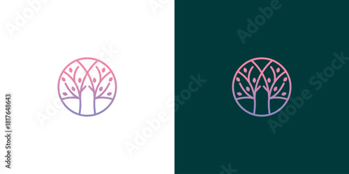 A modern and elegant geometric tree logo design, symbolizing nature's growth and abstract harmony, presented in a minimalist line art style with vibrant gradients