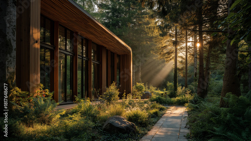 Modern Retreat in the Woods: A contemporary building seamlessly blends into the surrounding woodland, with natural light pouring through large windows and a pathway inviting exploration.