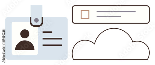 ID badge, cloud illustration, and search bar suggesting identity, cloud storage, and search functionality. Ideal for technology, data security, digital transformation, cloud computing