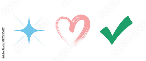Positive Symbol Set with Sparkle, Heart, and Check Mark in Pastel Colors