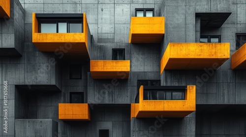 Abstract Concrete Building, Geometric Balconies, Urban Architecture, Modern Design, Cityscape