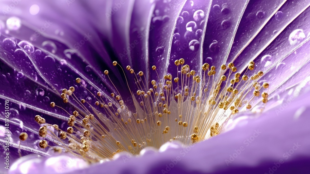 Obraz premium Extreme close-up of a vibrant purple flower's center, showing delicate golden stamens and glistening dew drops on its petals. Soft, ethereal lighting.