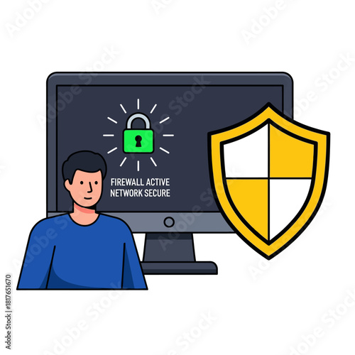A cybersecurity professional monitors a digital network on a screen with a padlock and shield, symbolizing secure data protection in a vibrant 2D flat illustration.
