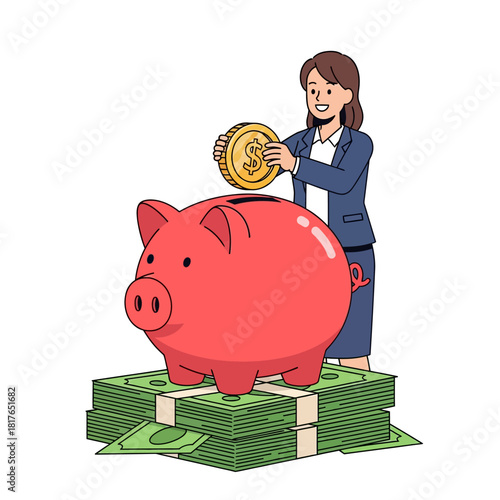 A smiling woman deposits a large gold coin into a pink piggy bank on a stack of currency, symbolizing personal savings and financial planning in a vibrant 2D flat illustration.