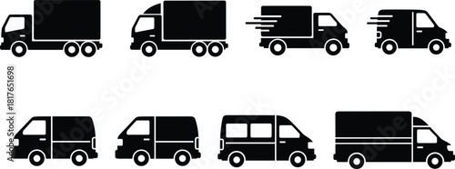 Vector set of delivery truck silhouettes, black cargo van icons for logistics and shipping, transportation vehicle collection isolated on white background.