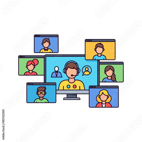 This vibrant flat 2D vector illustration depicts a central figure hosting a virtual team meeting on a large screen, symbolizing global collaboration and efficient remote communication.